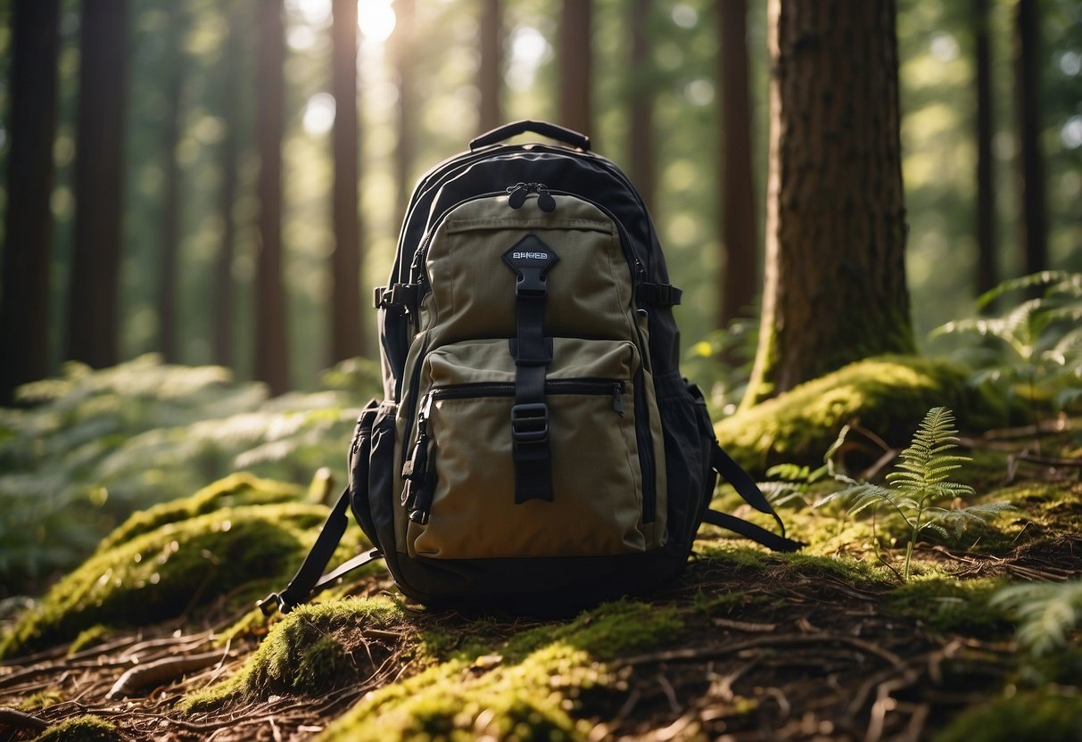 A rugged backpack sits on the forest floor, surrounded by tall trees and dappled sunlight. A solar charger is attached to the backpack, soaking up the sun's energy