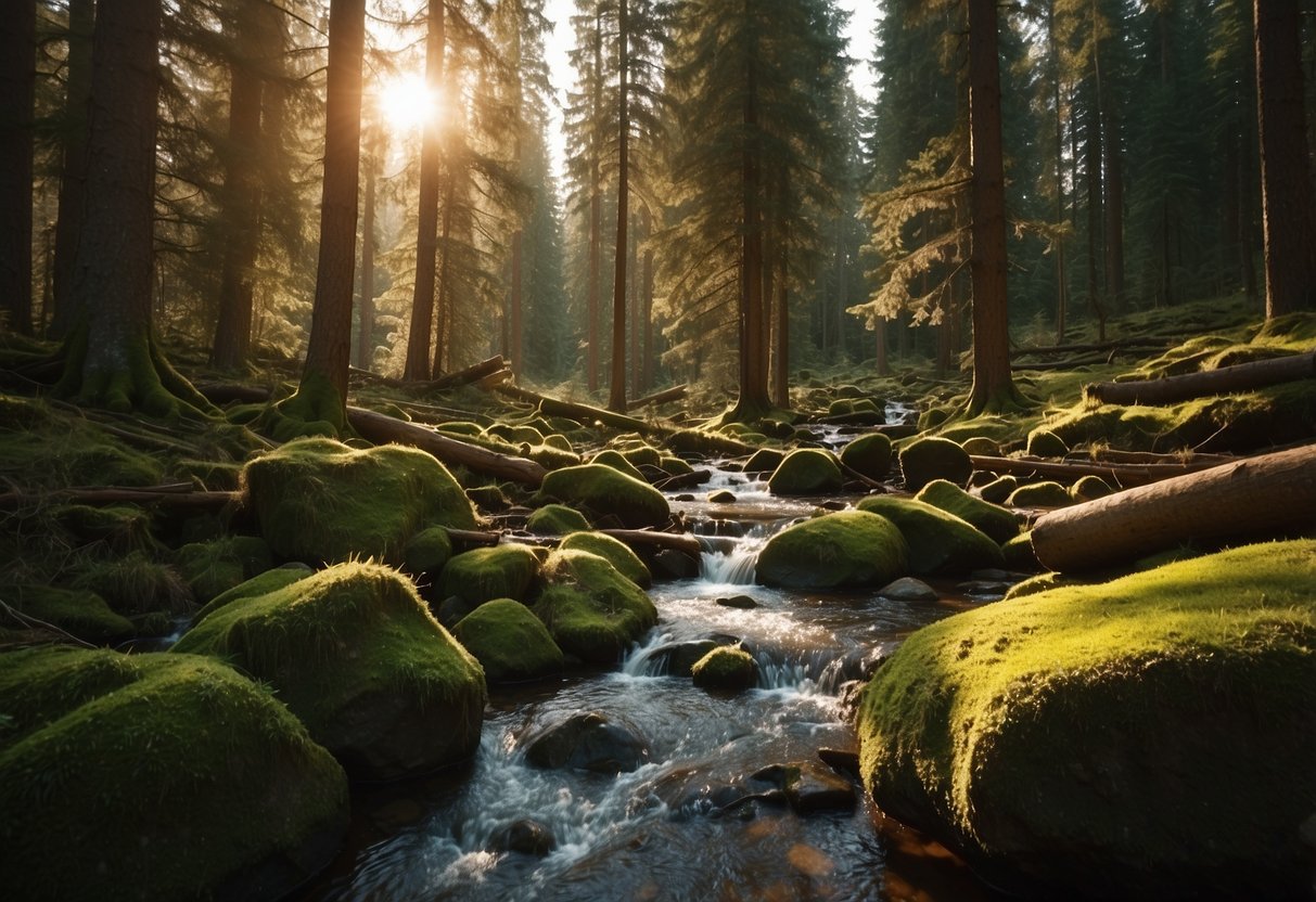 A serene forest clearing surrounded by towering pine trees, with a bubbling stream cutting through the moss-covered rocks, and the sun casting a warm glow over the peaceful scene