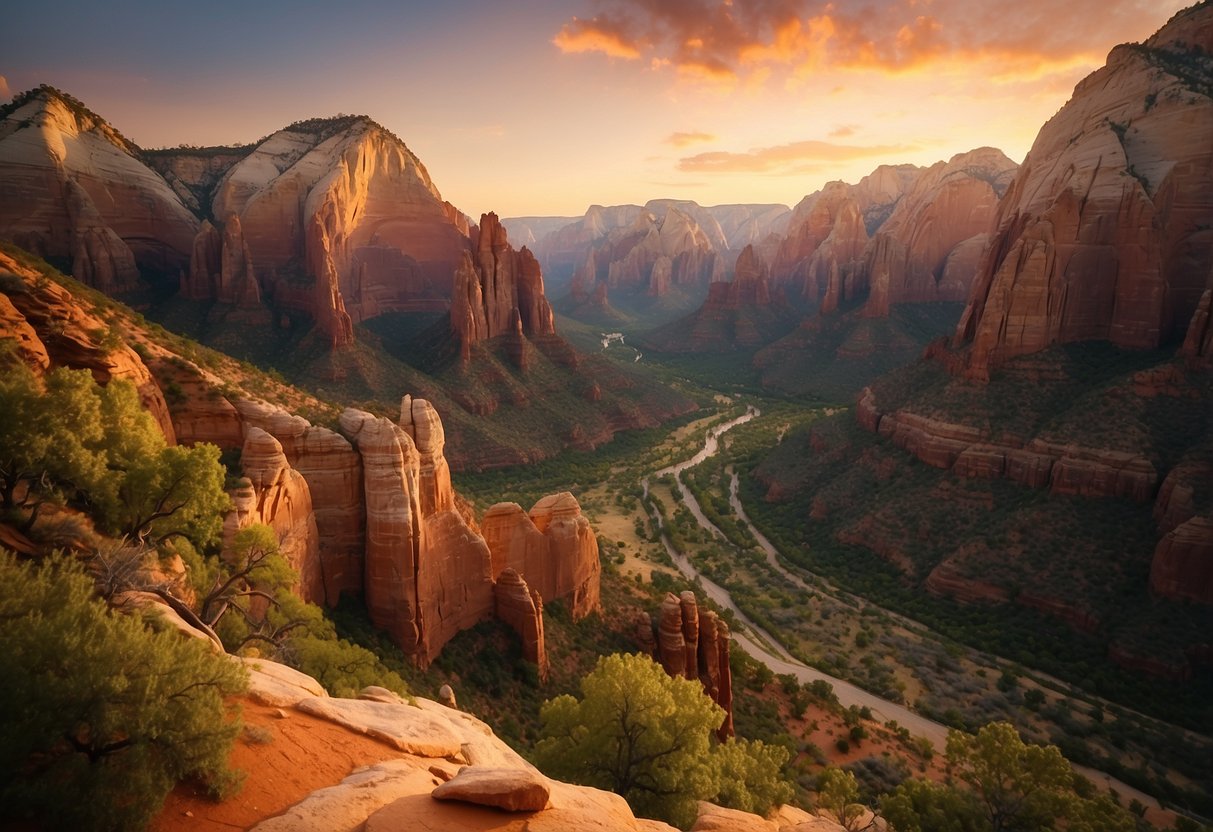 Sunset over towering red rock formations, winding river, and lush greenery in Zion National Park, UT