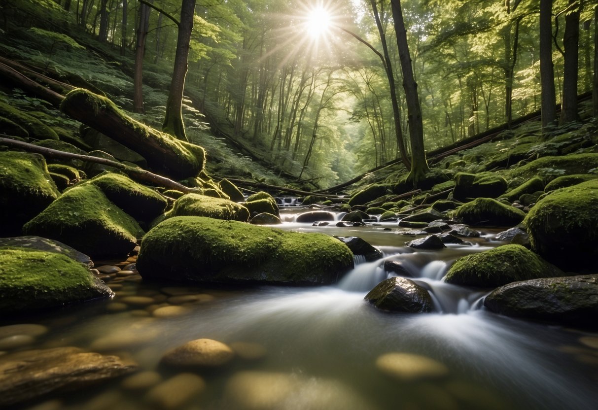 Sunlight filters through dense forest canopy onto a tranquil stream. Moss-covered rocks line the water's edge, and towering trees create a peaceful atmosphere in Allegheny National Forest, PA