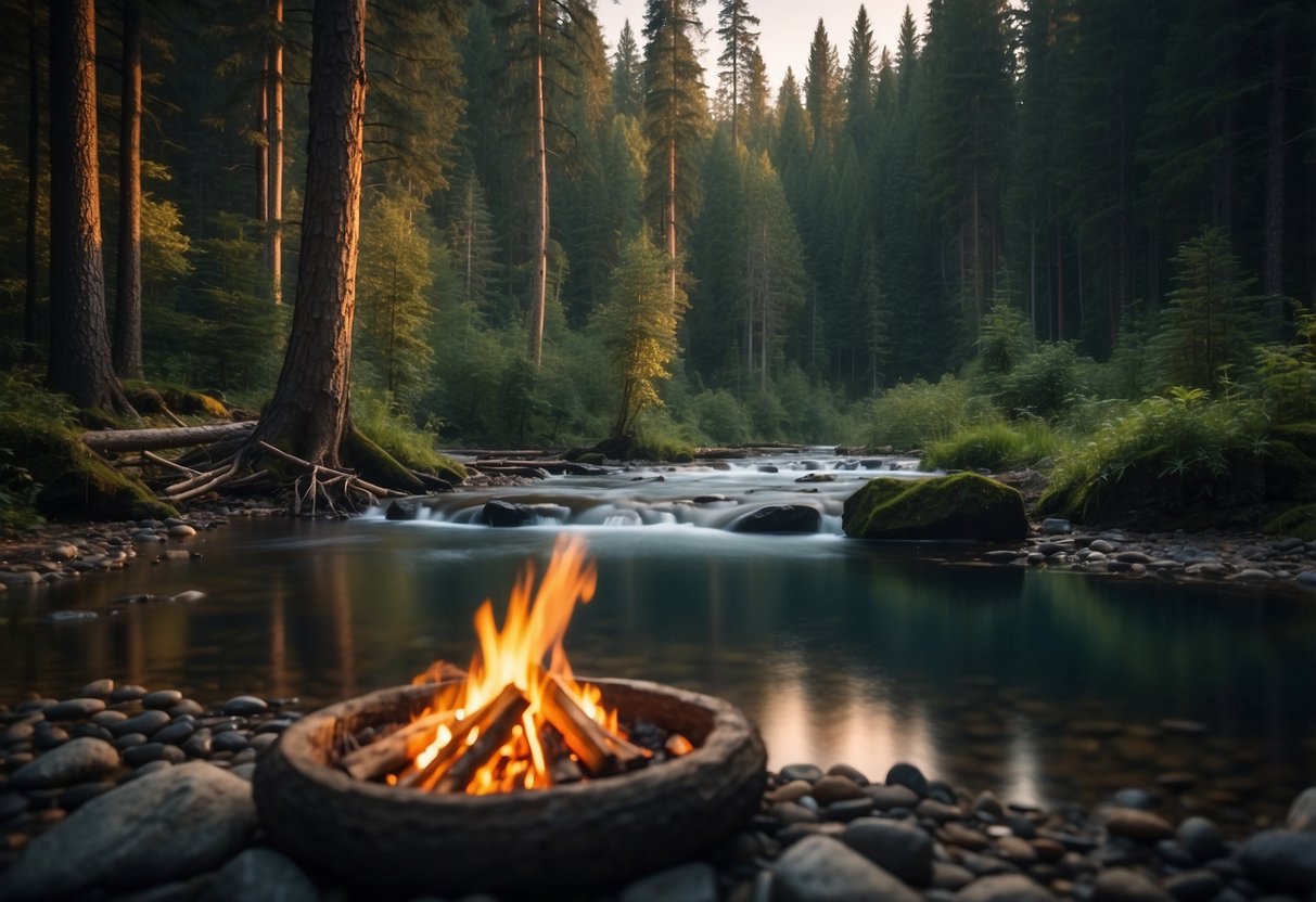 A serene forest clearing with a bubbling stream, surrounded by towering pine trees and lush greenery. A small campfire burns in the center, with a cozy shelter made of natural materials nearby