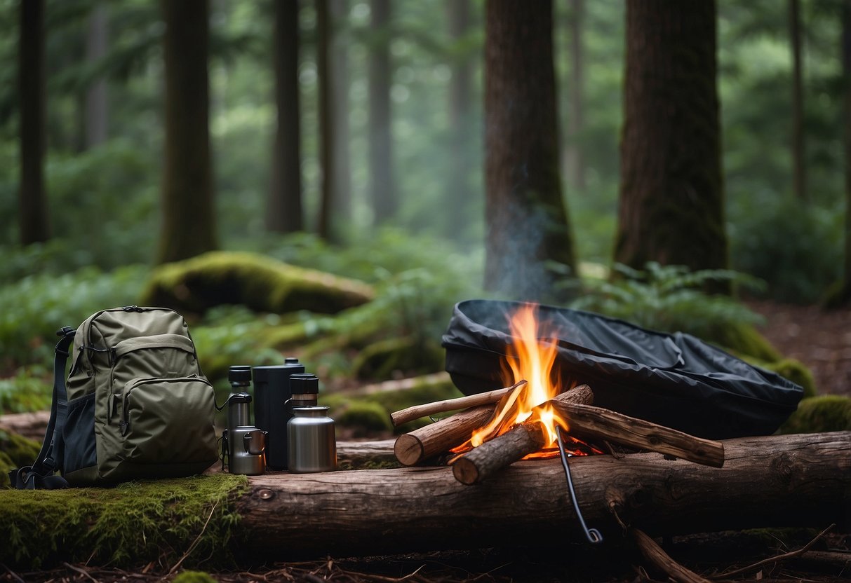 A serene forest clearing with a campfire, backpack, and essential bushcraft tools laid out on a log. Tall trees and a tranquil stream in the background