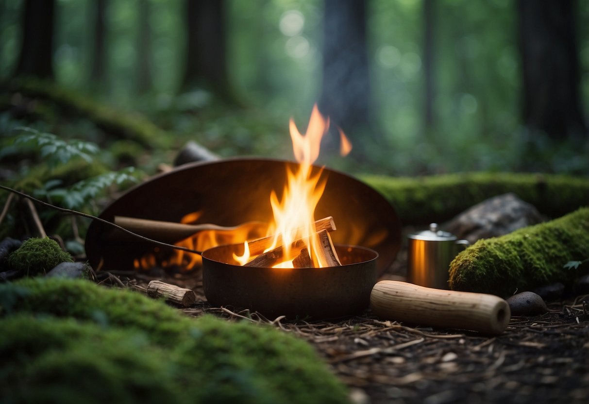 A serene forest clearing with a bubbling stream, lush greenery, and dappled sunlight filtering through the trees. A small campfire burns in the center, surrounded by handcrafted wooden tools and a cozy shelter made from natural materials