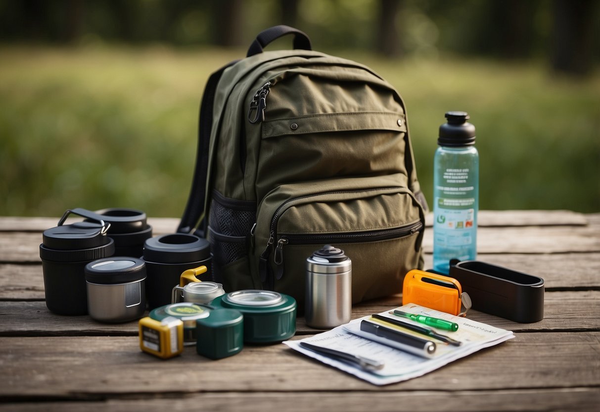 A backpack with camping gear, compass, map, and water bottle laid out on a wooden table. A knife, fire starter, and first aid kit are nearby