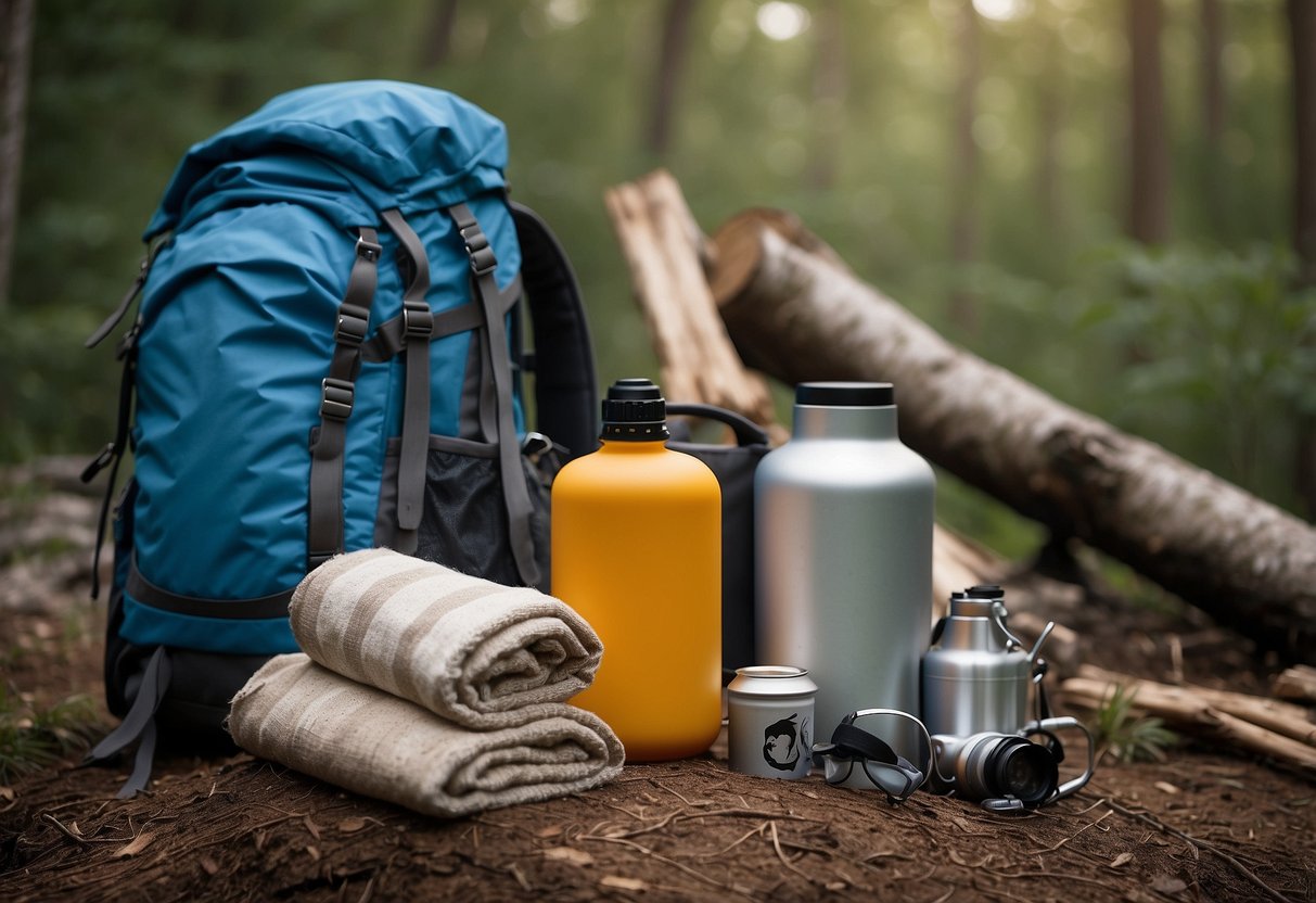 A backpack with a sleeping bag, tent, and camping mat laid out on the ground next to a stack of firewood and a water bottle