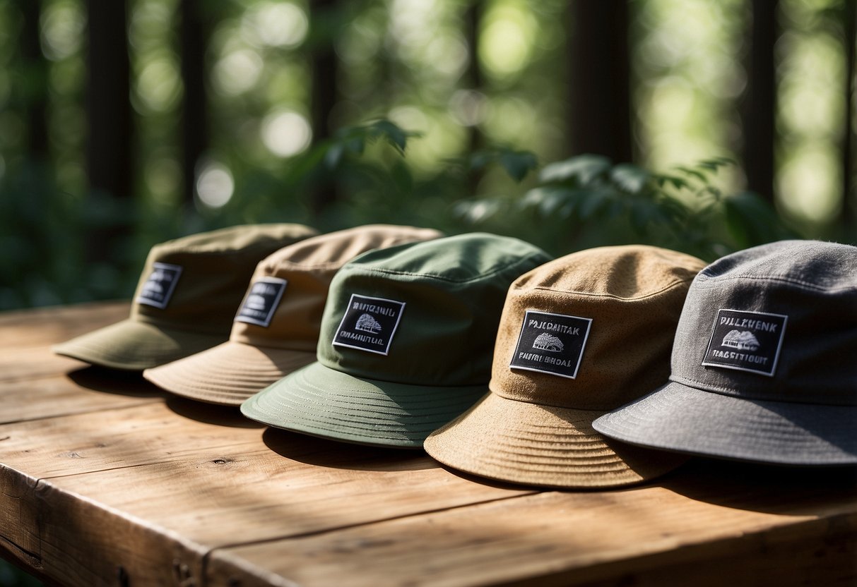 A sunny forest clearing with 5 different lightweight bushcraft hats displayed on a wooden table, surrounded by various outdoor gear and a backdrop of tall trees and lush greenery