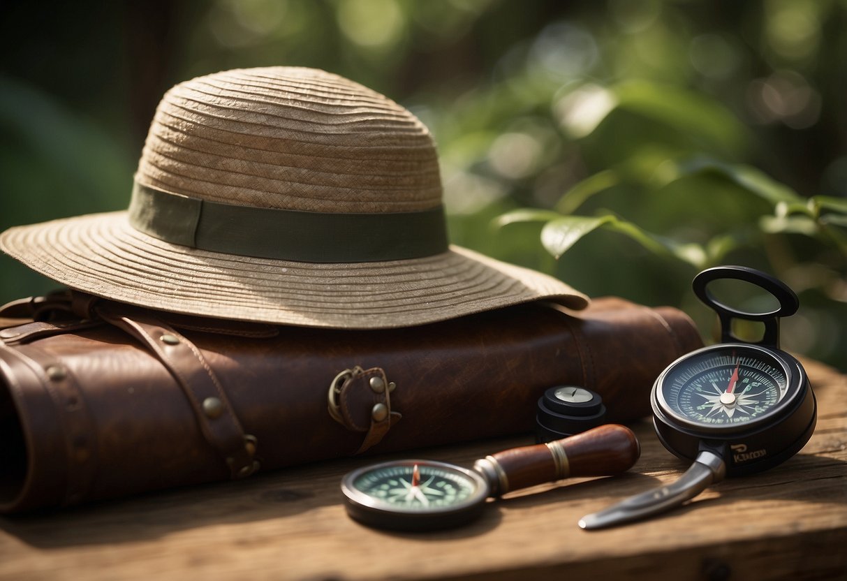 A sun hat sits atop a wooden table with a bushcraft knife and compass nearby. The hat is surrounded by outdoor gear and foliage