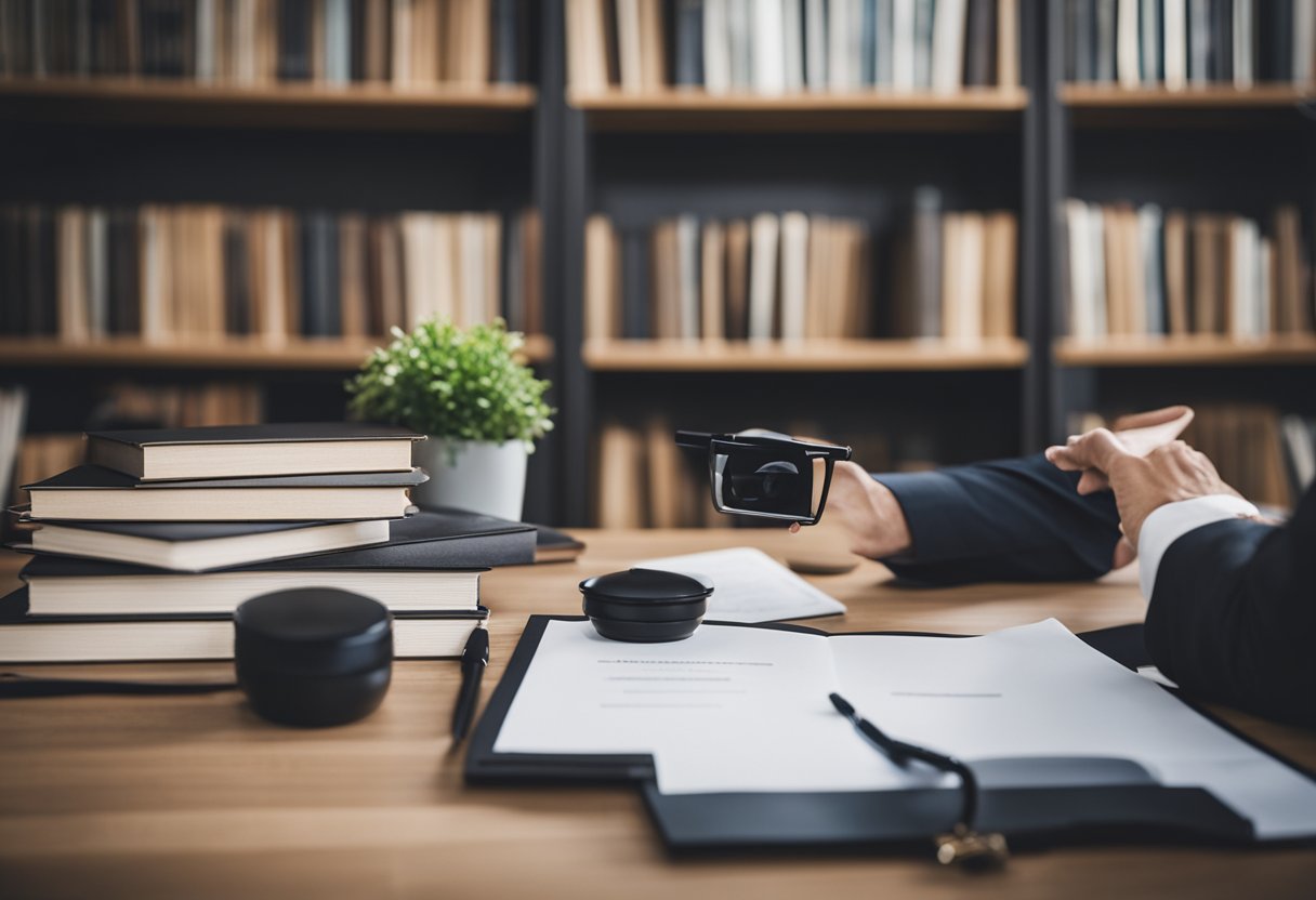 A therapist receiving certification, surrounded by books and educational materials