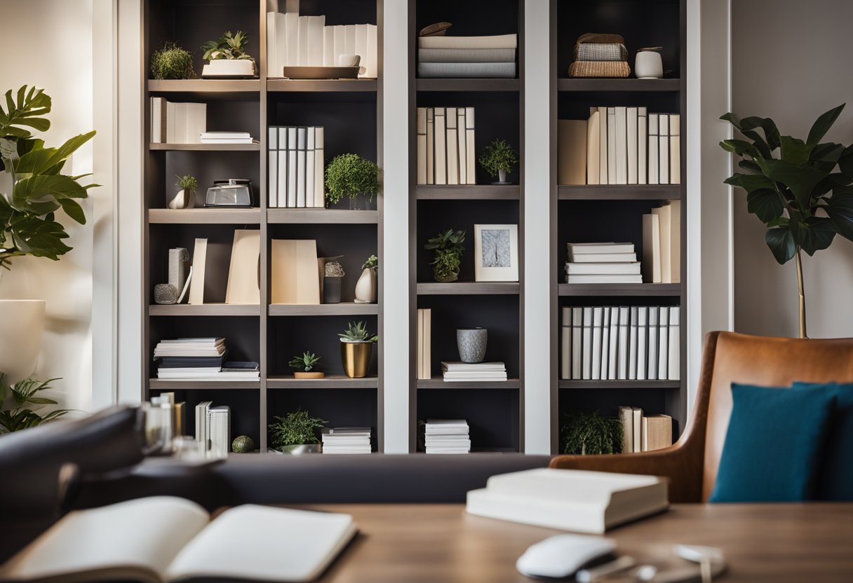 A therapist's office with bookshelves, comfortable seating, and calming decor. A desk with a computer and paperwork, soft lighting, and a peaceful atmosphere