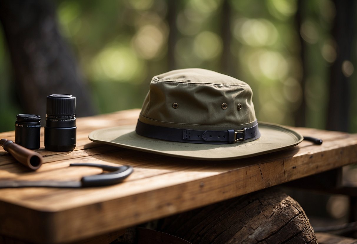 A rugged, lightweight Filson Summer Packer Hat sits atop a wooden bushcraft table, surrounded by outdoor gear and tools. The hat is made of durable, weather-resistant material, with a wide brim for sun protection