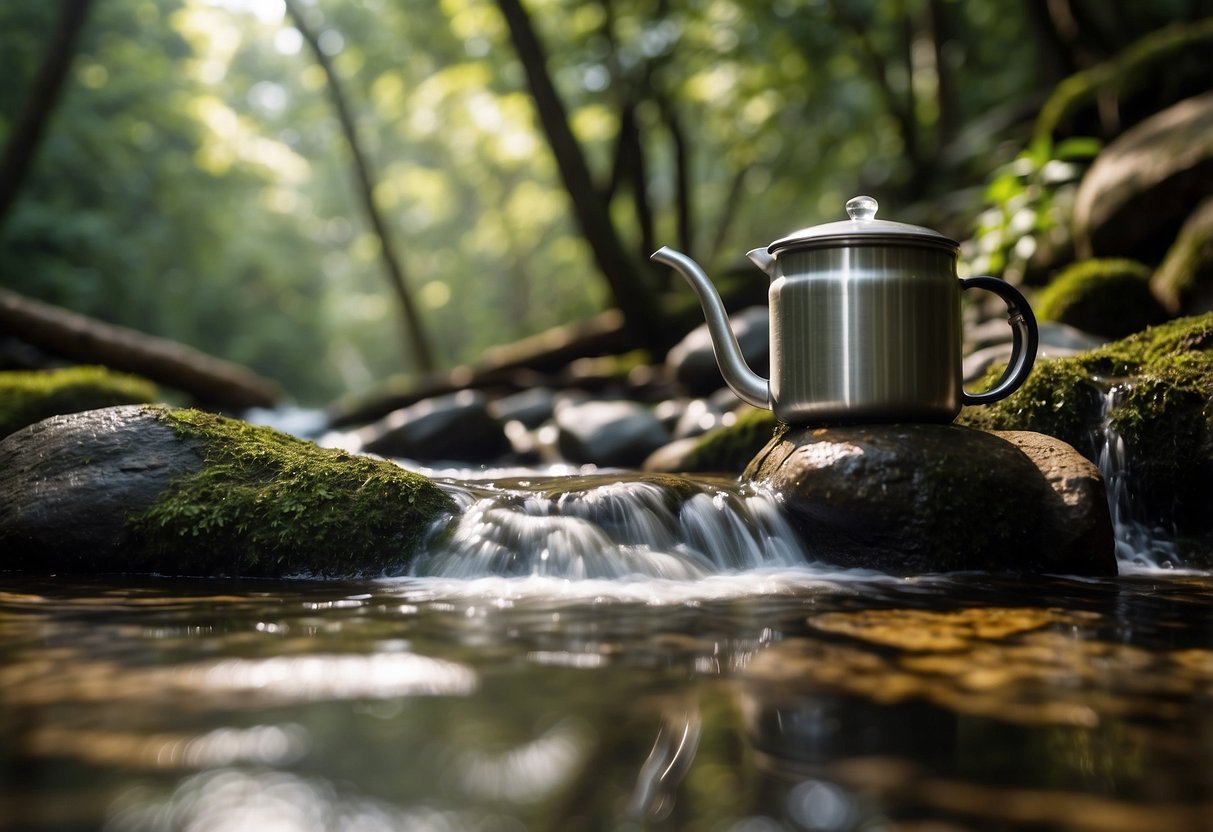 Clear stream flows over rocks, surrounded by lush forest. A small fire burns nearby with a pot hanging over it. Various natural materials and tools are scattered around for water purification