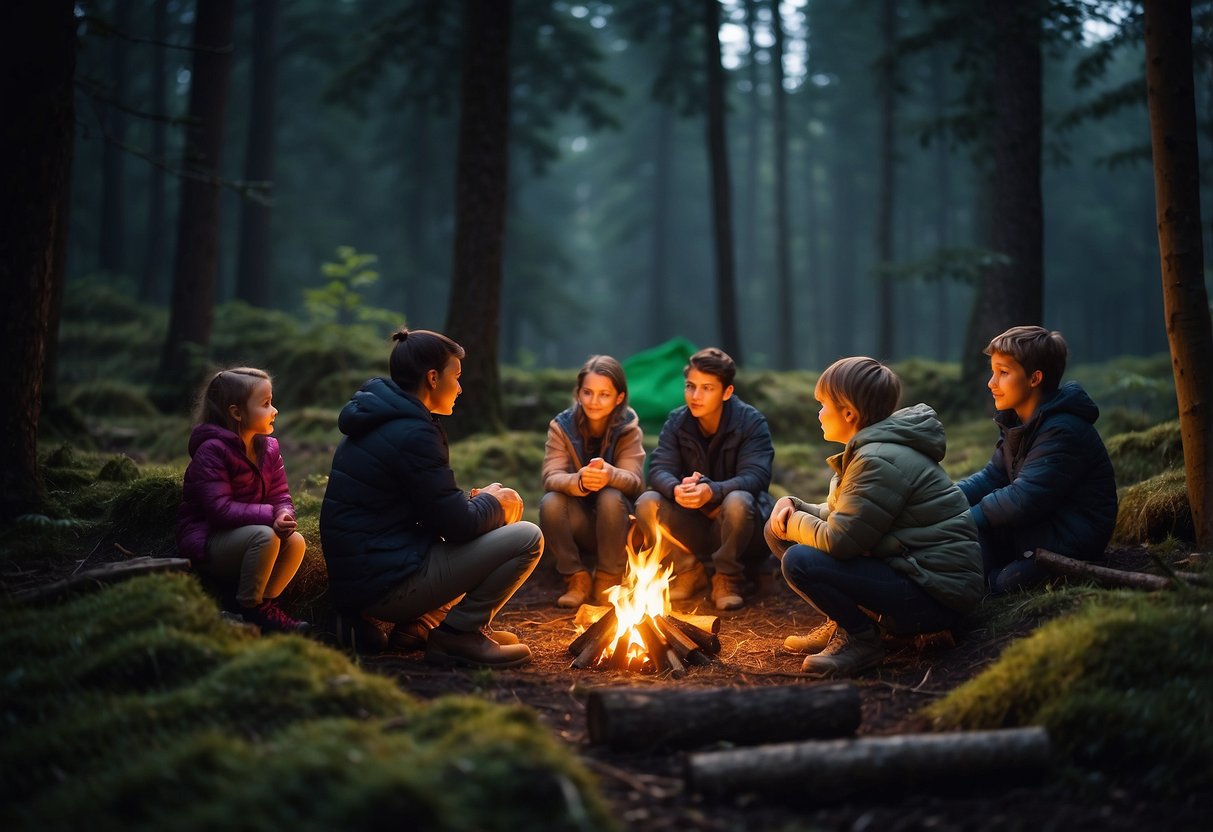 Children and adults sit around a campfire in a forest clearing, practicing bushcraft skills. They work on building shelters, identifying edible plants, and starting fires using traditional methods