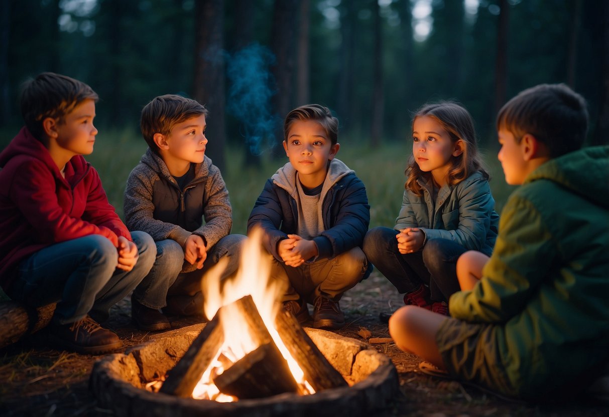 A group of kids sit around a campfire, listening intently as an adult tells a captivating story about survival skills and nature. The children are wide-eyed and eager to learn as they watch and listen