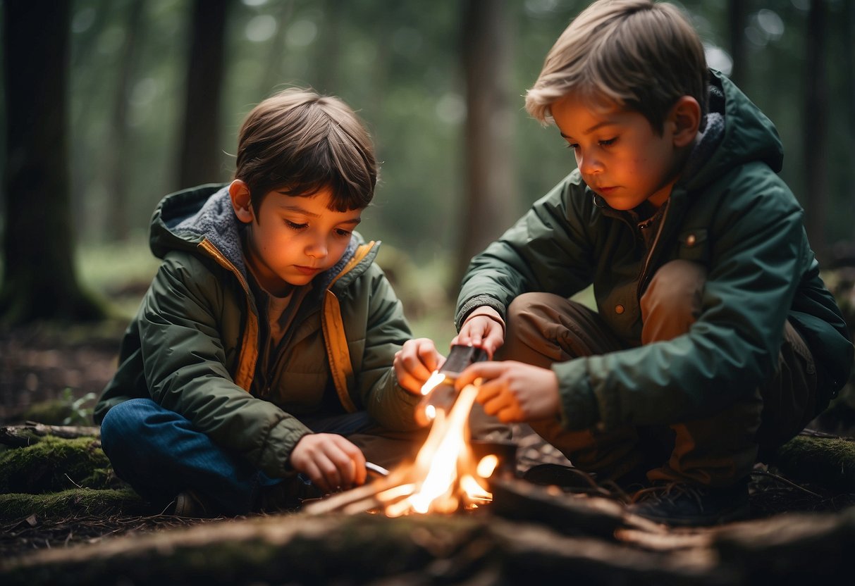 Children using safe tools to practice bushcraft, such as a small knife, saw, and fire starter, under adult supervision in a natural setting