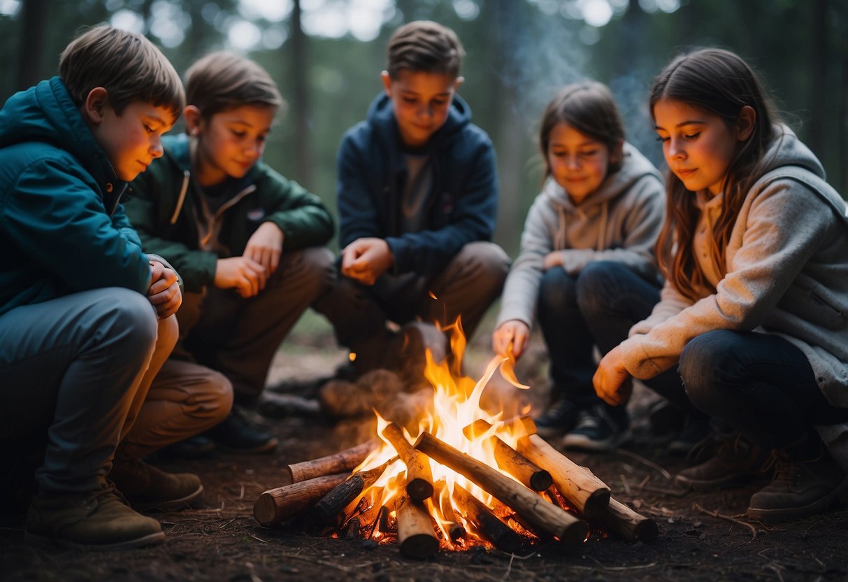 A group of children and adults gather around a campfire, learning and practicing fire-safety fundamentals while engaging in bushcraft activities