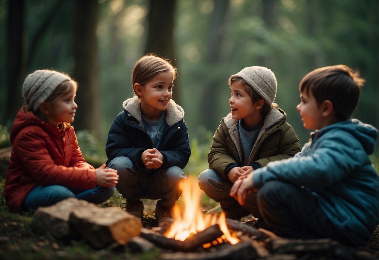 A group of children sit around a campfire, listening intently as an adult teaches them about wildlife and bushcraft. The forest surrounds them, with birds chirping and small animals scurrying about