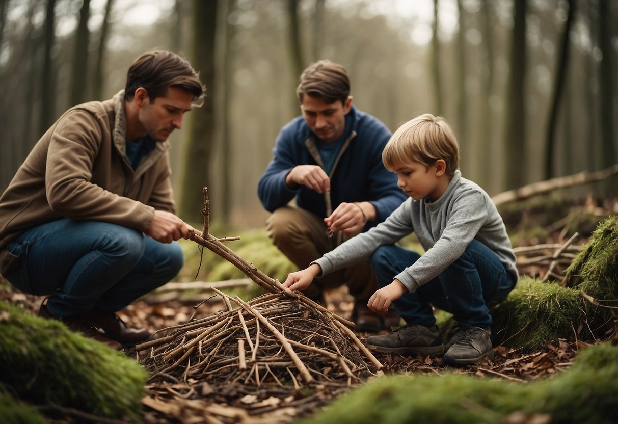 Children and adults gather sticks and leaves to build a shelter in a wooded area. They work together, using knots and natural materials to construct a sturdy and safe structure