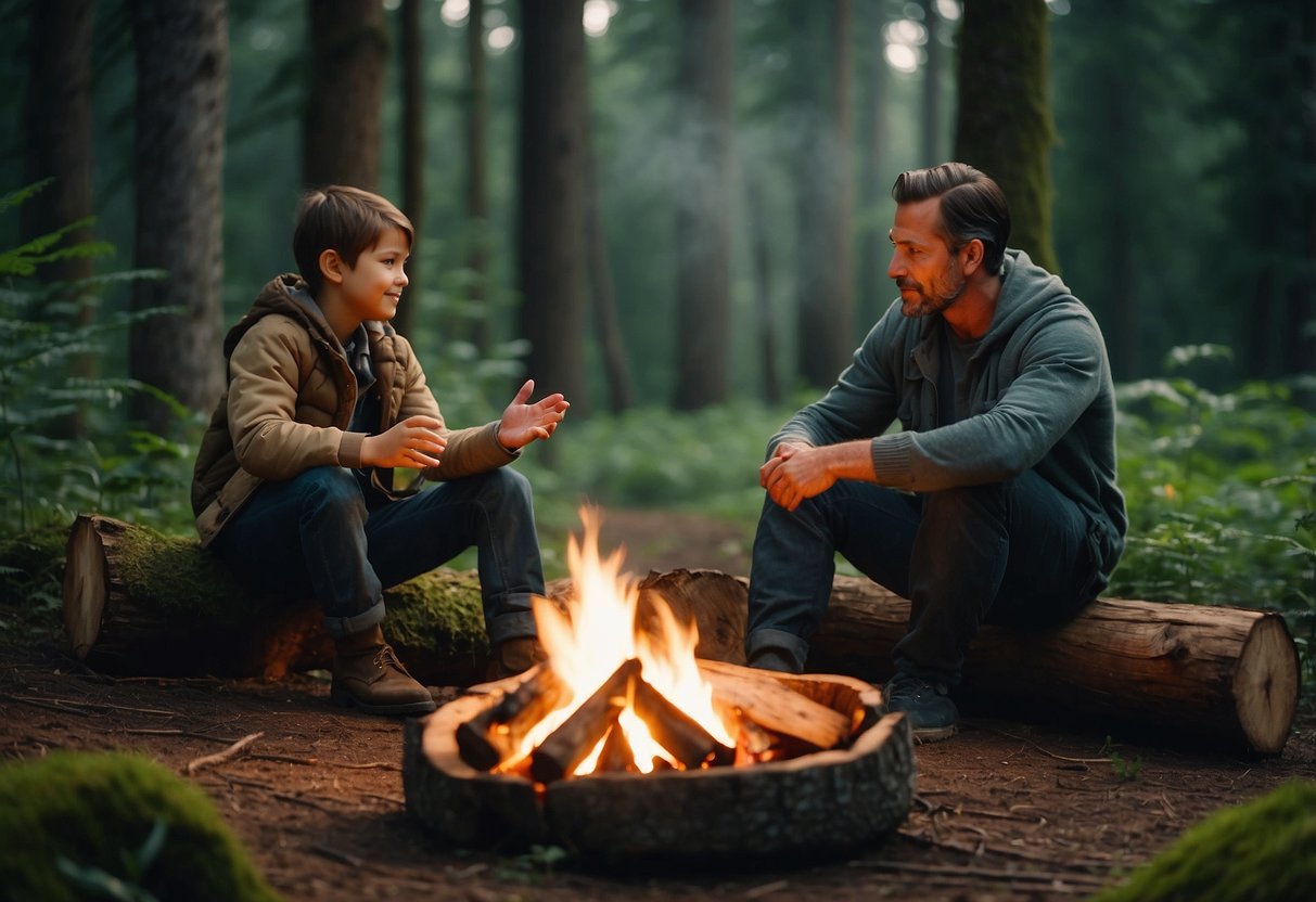 A serene forest clearing with a small campfire, surrounded by lush greenery and tall trees. A father and child sit on a log, practicing bushcraft skills together