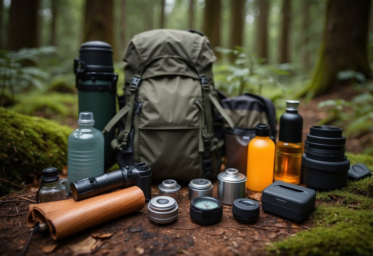 A collection of essential bushcraft gear laid out on a forest floor, including a small tent, backpack, compass, water bottle, and a fire starter kit