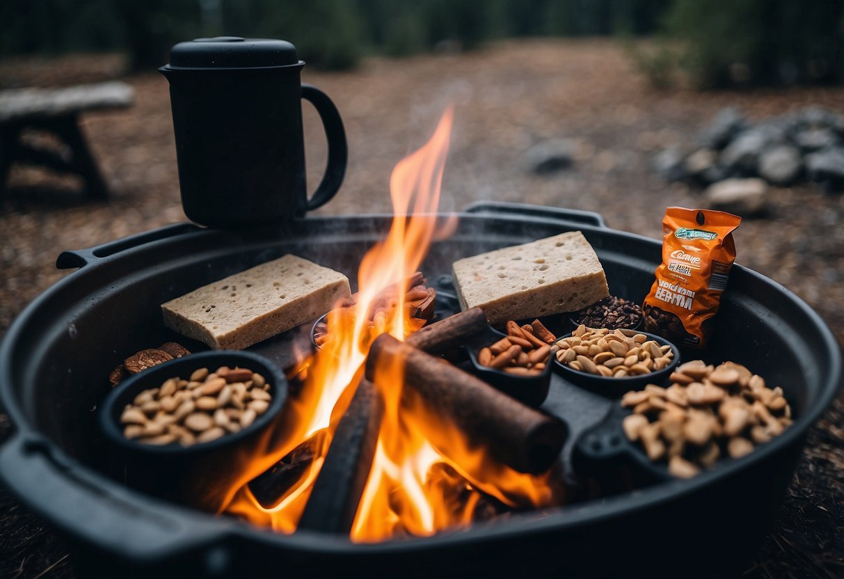 A campfire surrounded by various lightweight food options such as dehydrated meals, trail mix, energy bars, and jerky. Backpack and camping gear scattered around the campsite