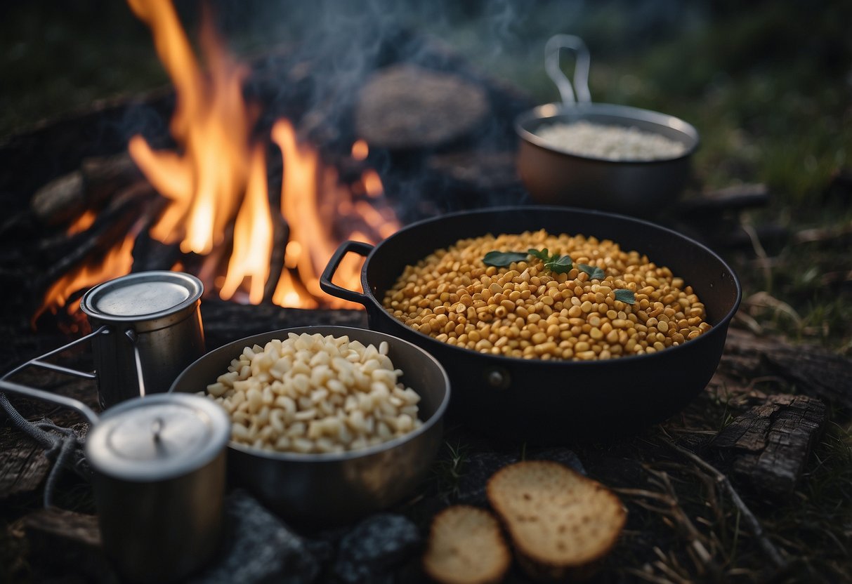 A campfire surrounded by camping gear, including Patagonia Provisions Savory Grains, a lightweight food option for bushcraft trips