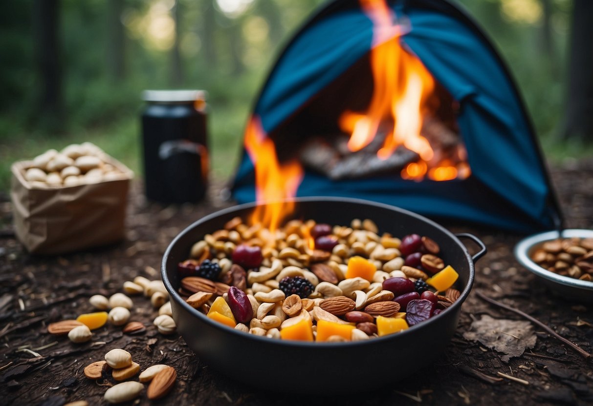 A campfire surrounded by lightweight food options: nuts, dried fruit, jerky, energy bars, and dehydrated meals. Backpacks and camping gear scattered around the campsite