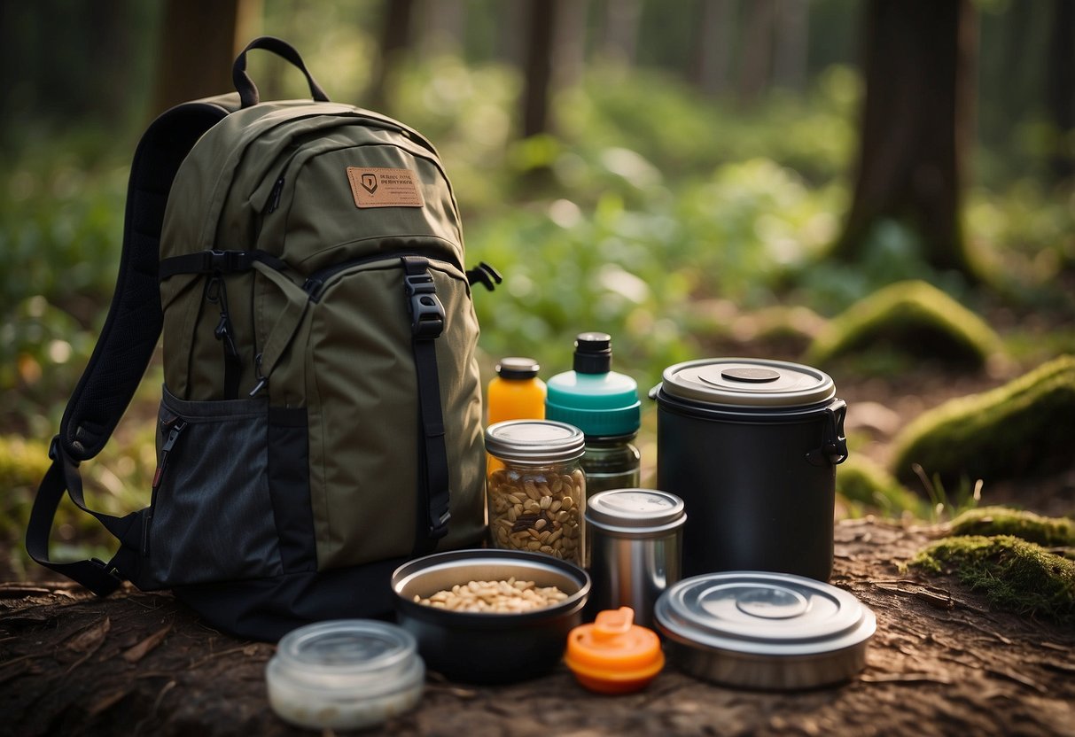 A backpack sits open on the ground, filled with lightweight food options like dehydrated meals and trail mix. Nearby, a storage container holds compact cooking gear for bushcraft trips