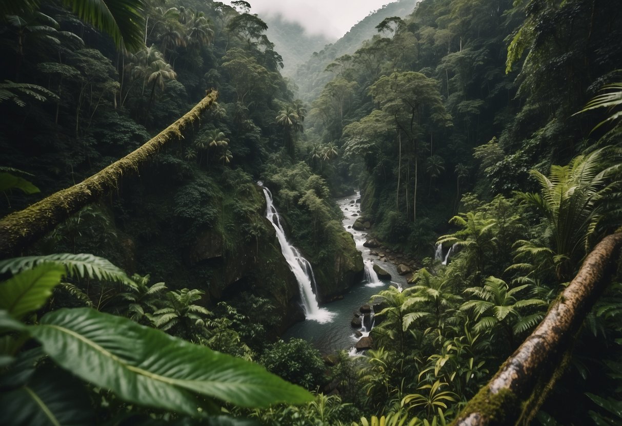 Lush rainforest with winding trails, towering trees, and diverse wildlife. Rocky rivers and waterfalls provide natural obstacles. Mountainous terrain offers challenging hikes and stunning vistas