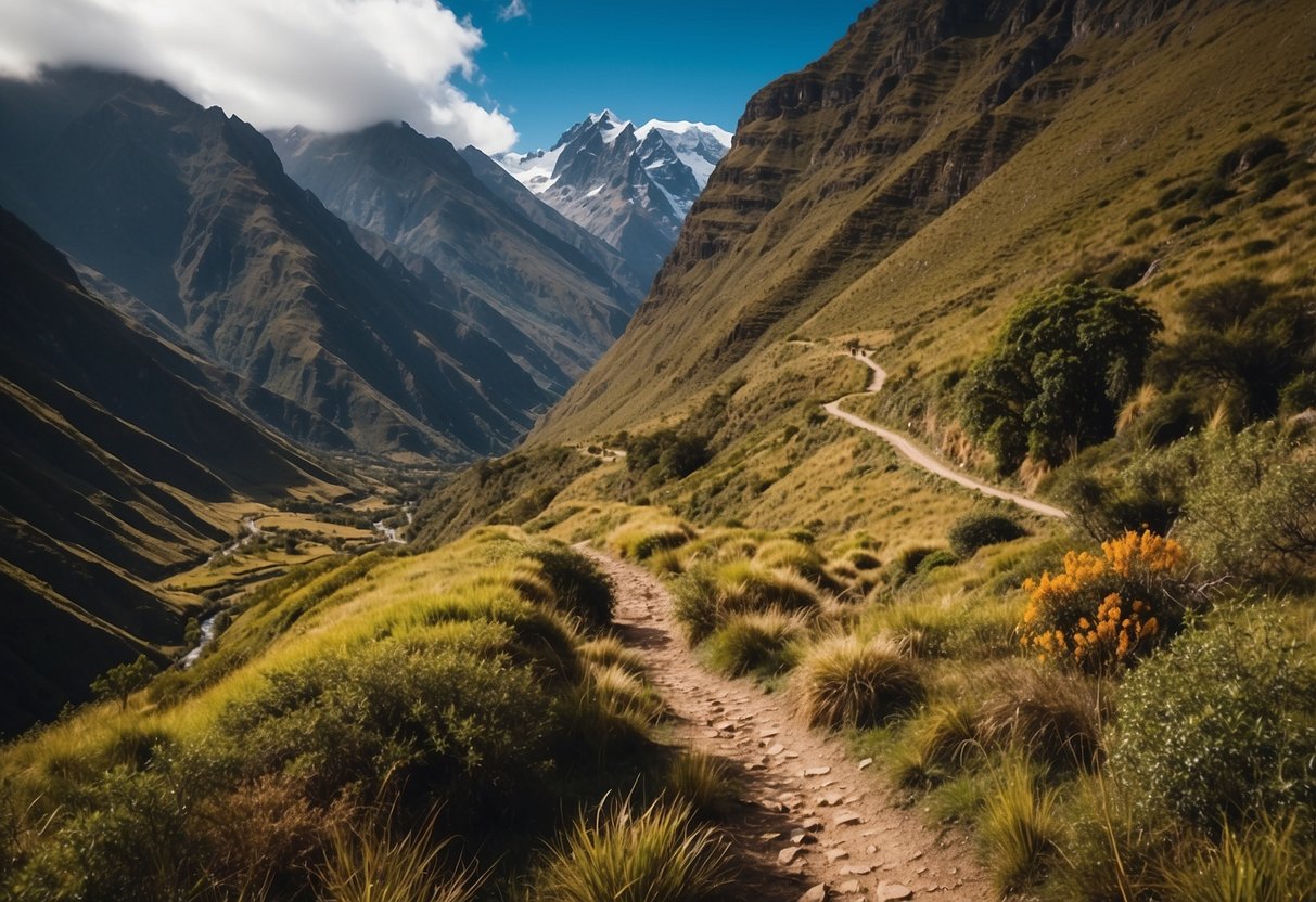 A winding trail cuts through the rugged Andean highlands, flanked by towering peaks and lush valleys. The landscape is dotted with vibrant flora and cascading waterfalls, creating a breathtaking bushcraft route in South America