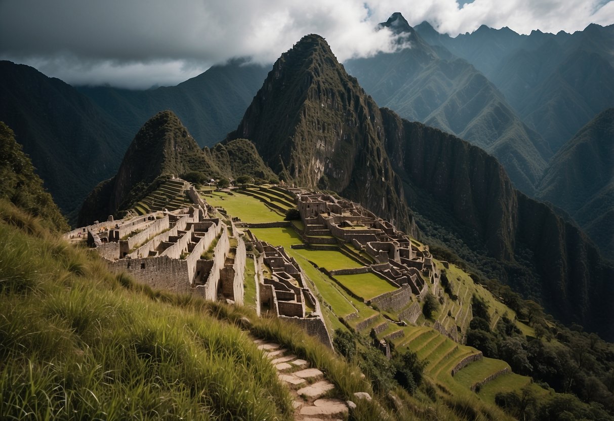 A winding trail cuts through lush Andean mountains, leading to the ancient ruins of Machu Picchu. The dense jungle surrounds the path, with glimpses of exotic wildlife and vibrant flora