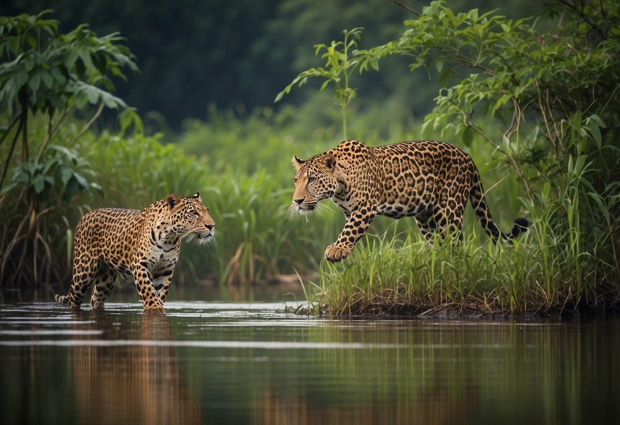 Lush Pantanal wetlands teeming with diverse wildlife, including jaguars, capybaras, and colorful bird species, set against a backdrop of dense tropical foliage and winding river channels