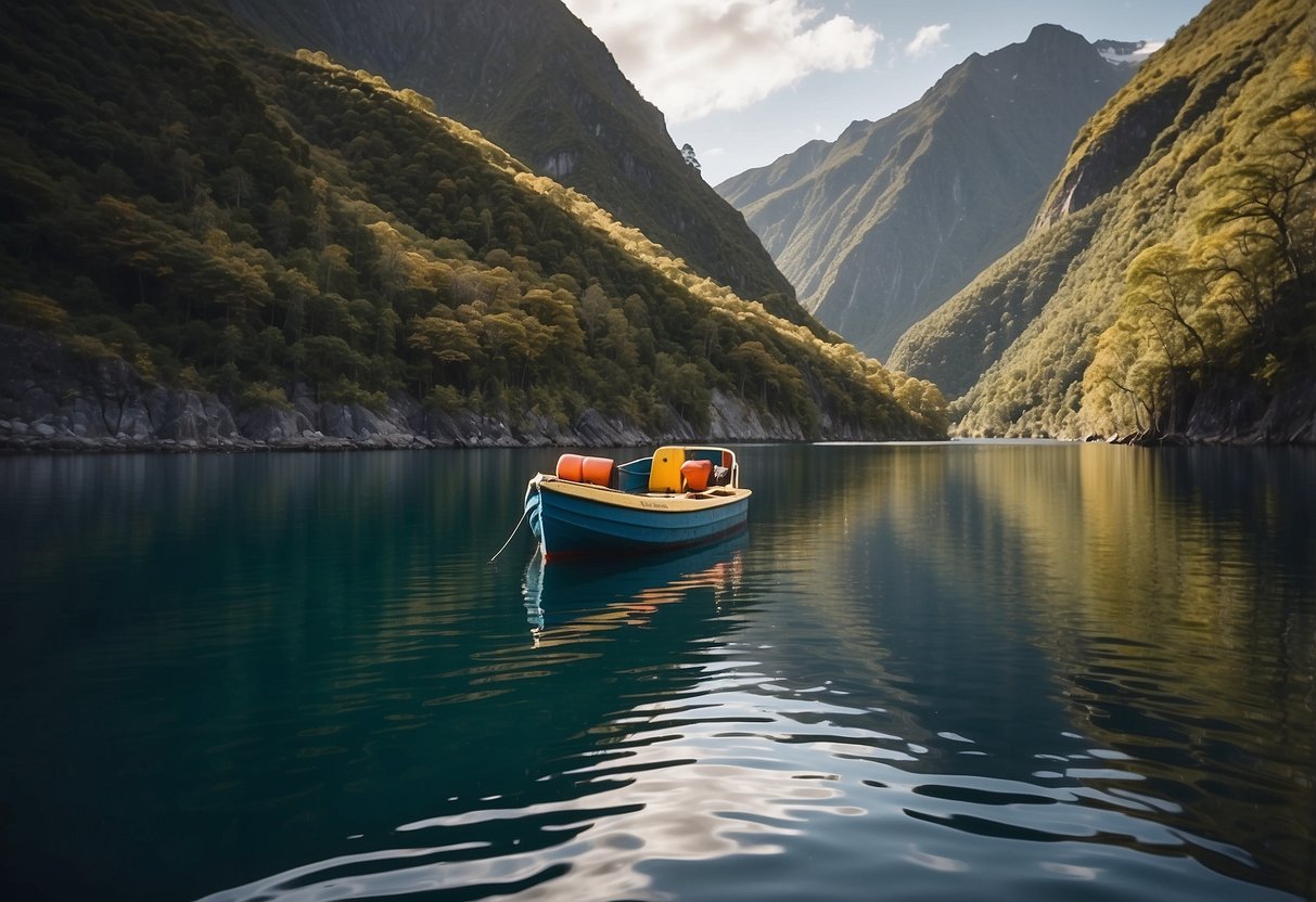 A small boat navigates through the narrow channels of the Chilean Fjords, surrounded by towering cliffs and dense forests. The water is calm, reflecting the stunning scenery