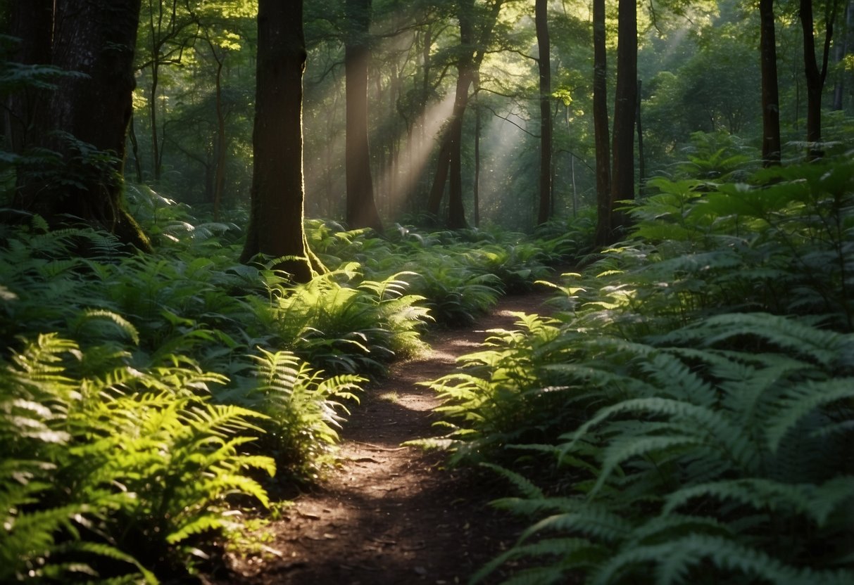 Lush green forest with winding trail, diverse flora, and wildlife. Sunlight filters through dense canopy, creating dappled shadows on the forest floor