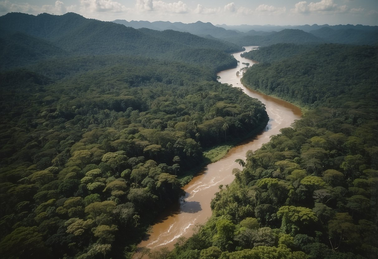 A dense Amazon rainforest with a winding river, towering trees, and diverse wildlife, showcasing the benefits of bushcraft in South America