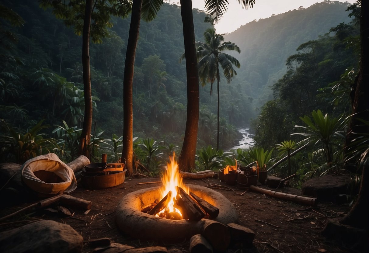 A dense South American jungle with towering trees, a winding river, and rugged terrain. A small campfire burns, surrounded by handmade tools and a makeshift shelter