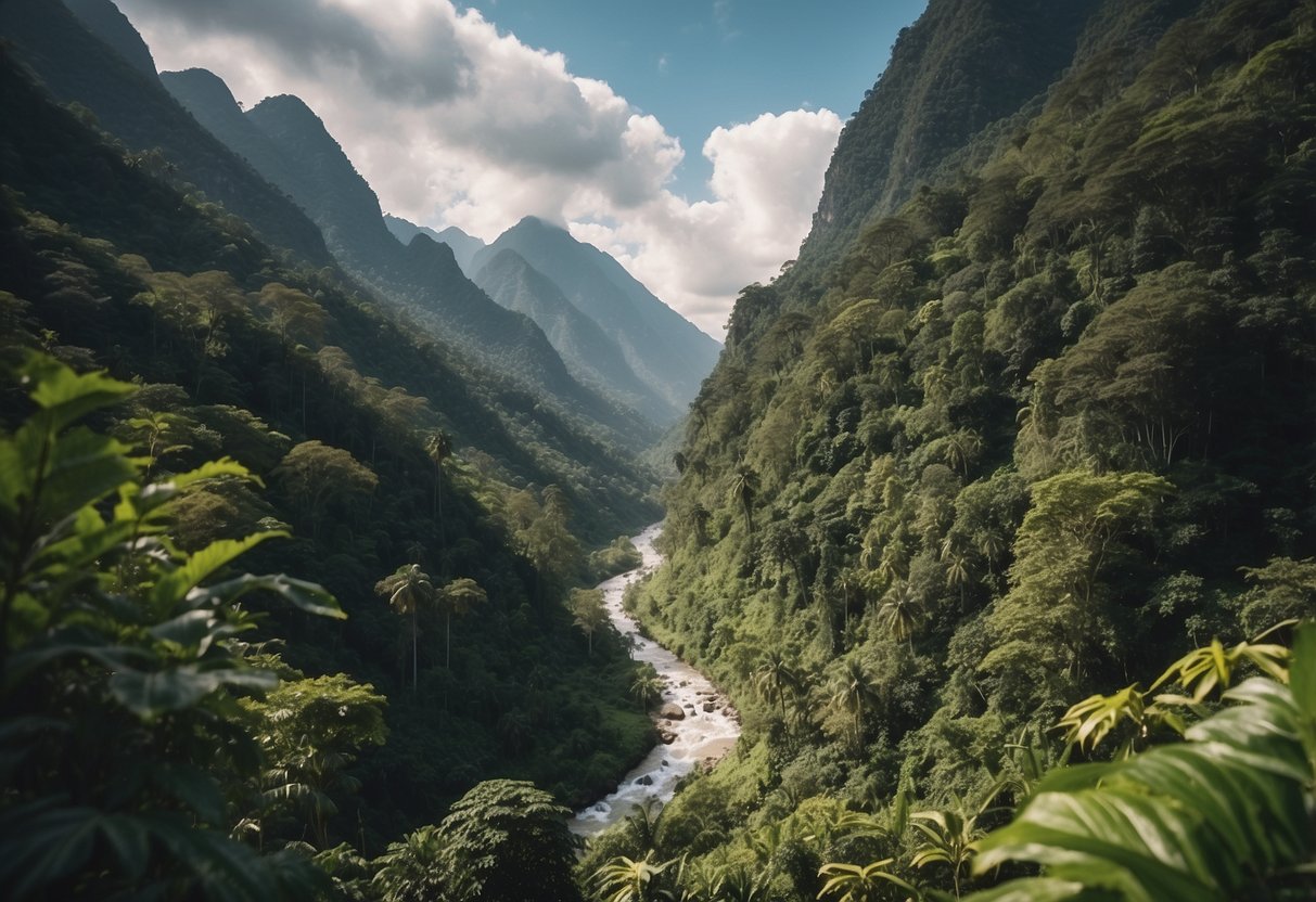 Lush jungle with winding rivers, towering mountains, and dense forests. Clear pathways marked with vibrant foliage and natural landmarks