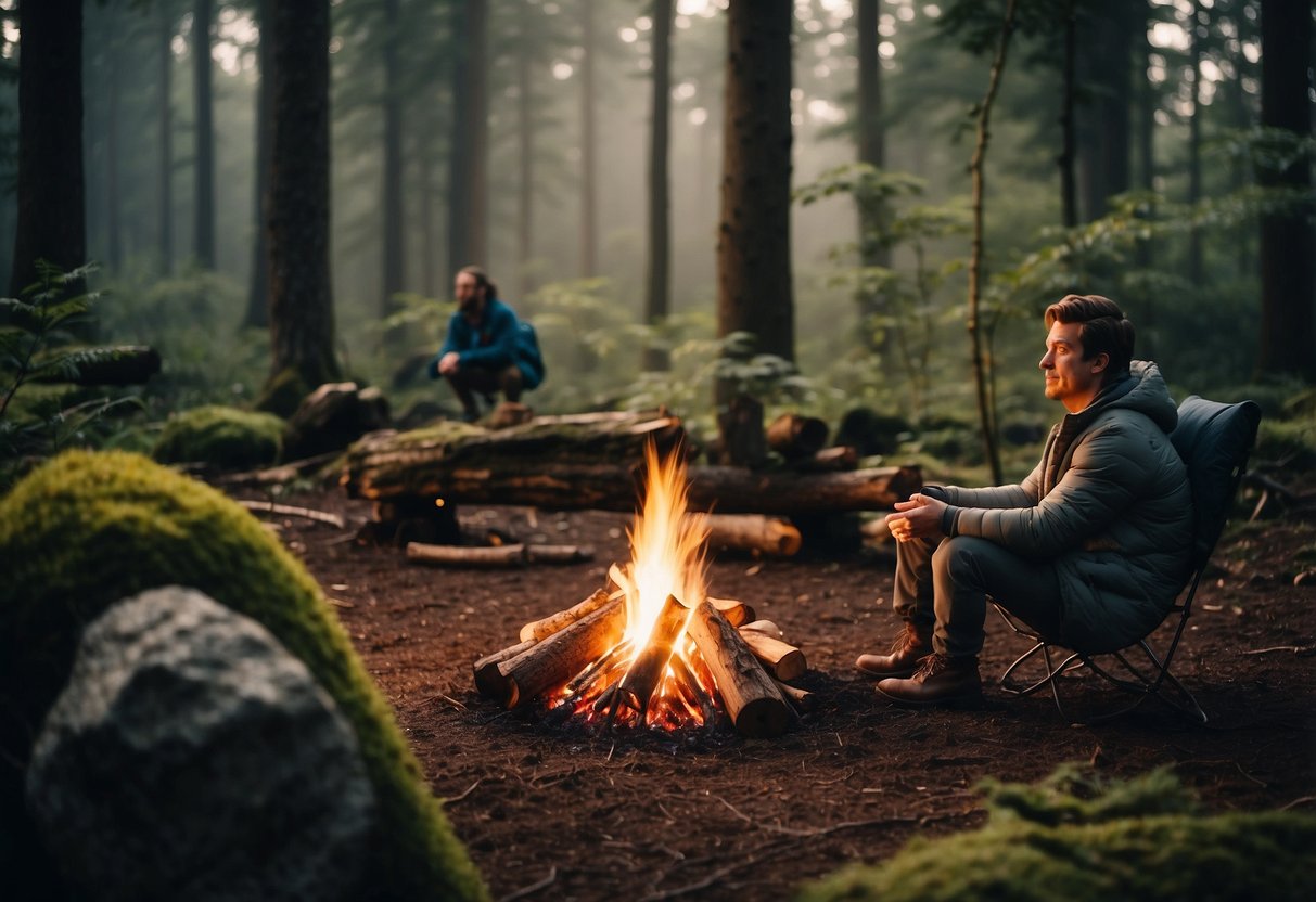 A forest clearing with a campfire, surrounded by trees and bushes. Various wildlife such as birds, squirrels, and deer are seen in the background while a person is practicing bushcraft skills