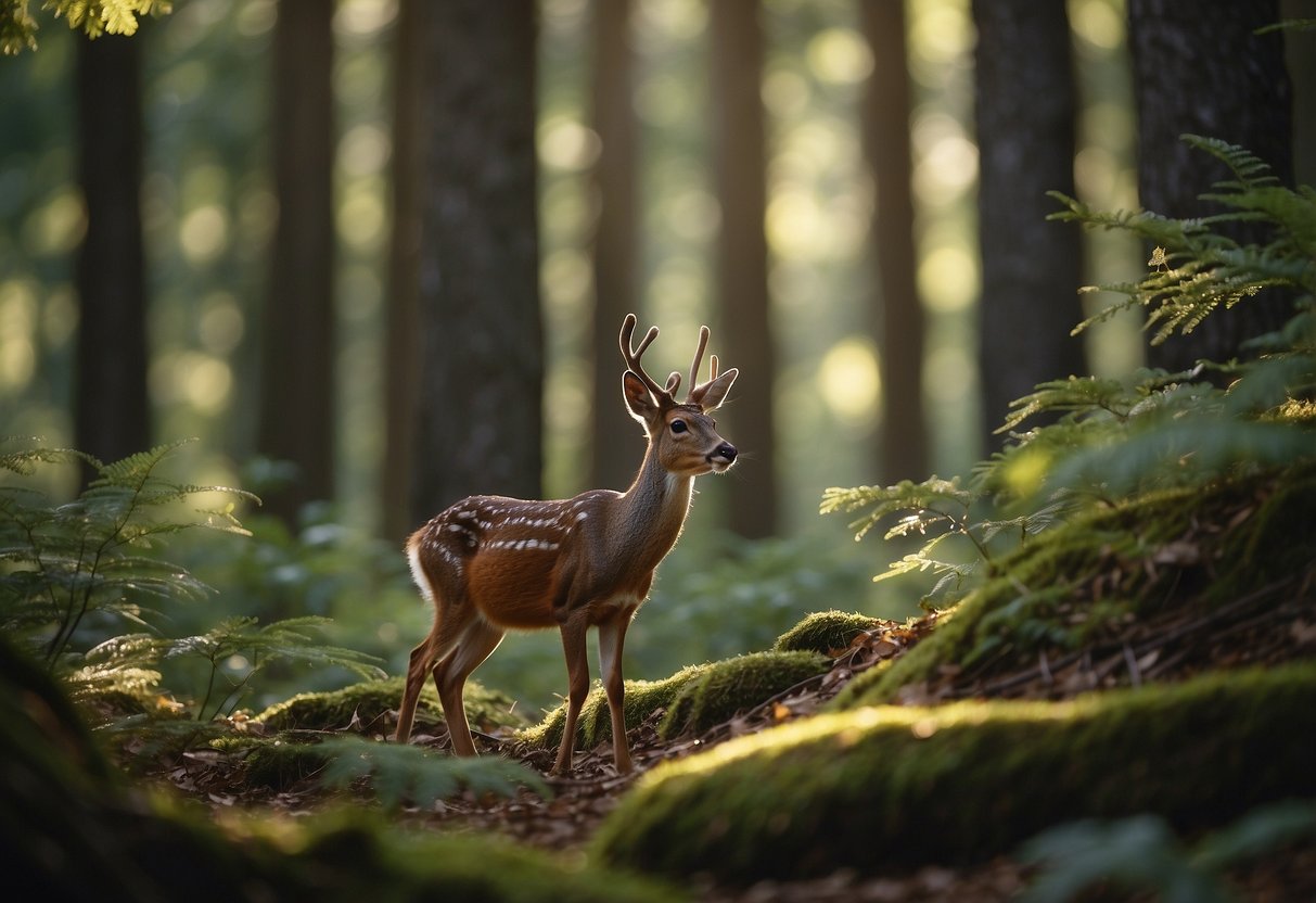 Wildlife foraging, birds chirping, deer grazing, and squirrels scampering in a lush forest setting. A bushcrafter observes and interacts respectfully with the natural environment