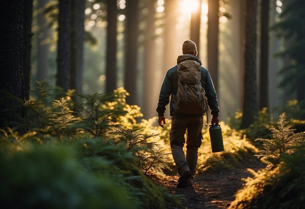 A person carries bear spray while bushcrafting. They are surrounded by trees and wildlife. The sun is setting, casting a warm glow on the scene