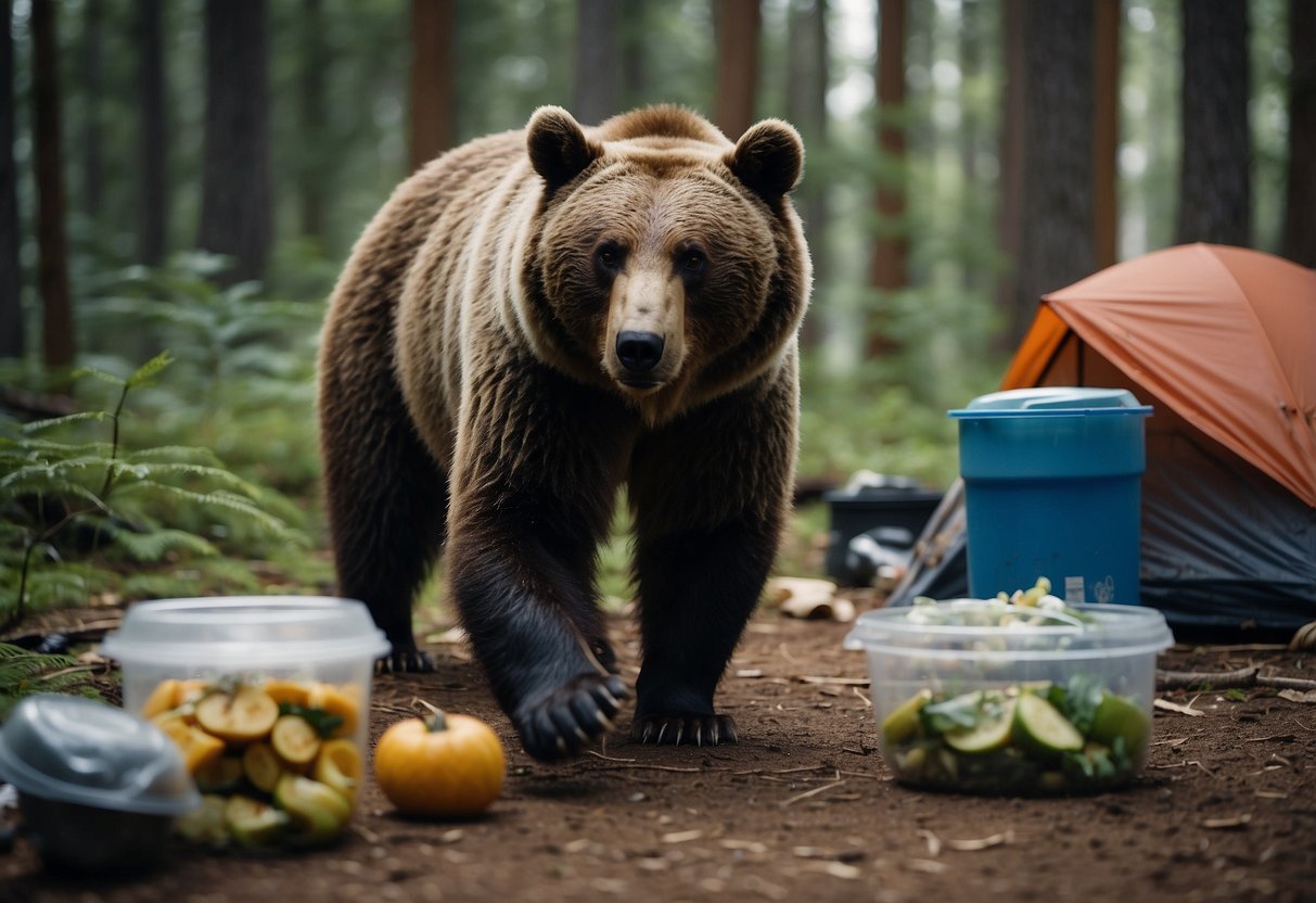 A bear rummages through improperly stored food in a forest campsite. Trash and food containers are scattered around, attracting wildlife