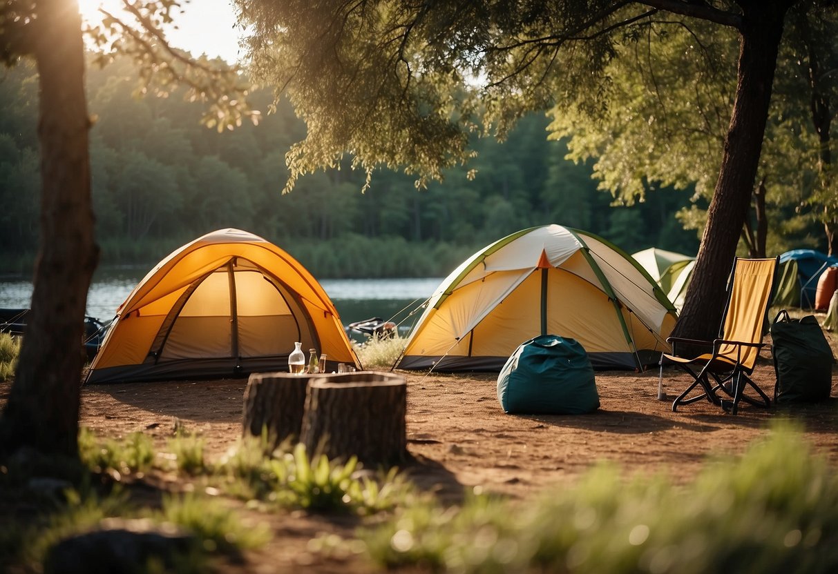 A campsite with tents and gear set up away from water sources, surrounded by trees and bushes. Wildlife such as birds, deer, and squirrels are seen in the distance