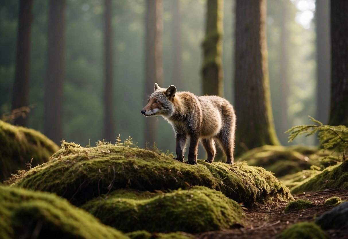 Animals scatter as hiker moves through forest. Tips for wildlife safety displayed on nearby signpost