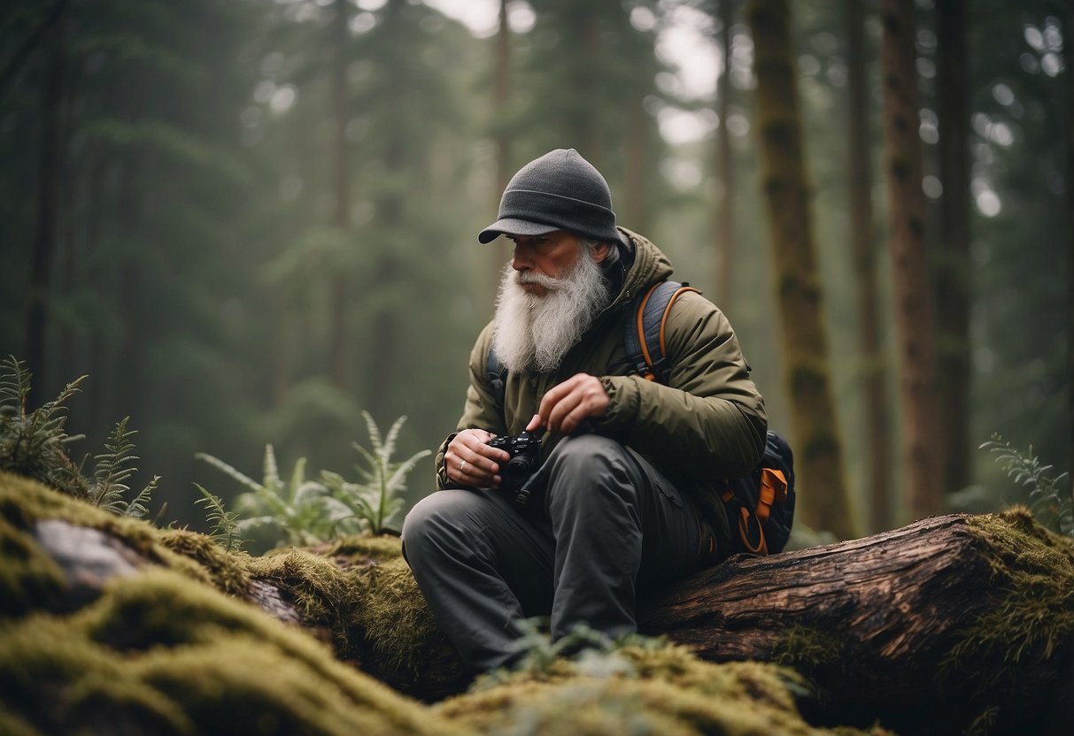 A person wearing outdoor clothing observes wildlife while bushcrafting