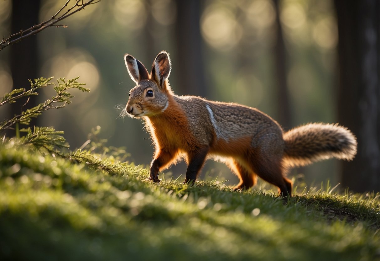 Wildlife foraging, birds in flight, deer grazing, squirrel climbing, rabbit hiding, fox hunting, and bear marking territory