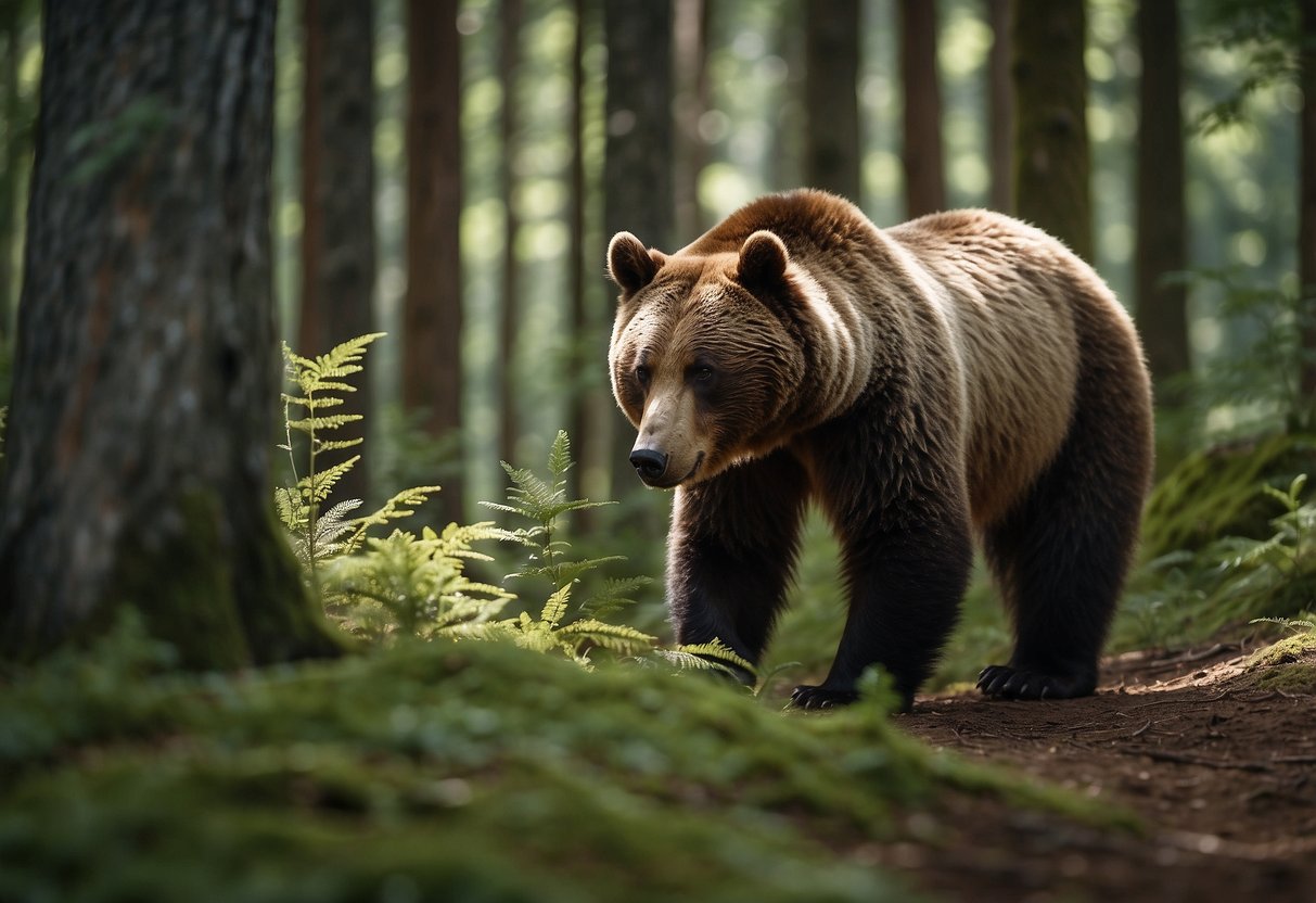 A hiker cautiously observes a curious bear from a safe distance in a lush forest clearing, following tips for handling unexpected wildlife encounters