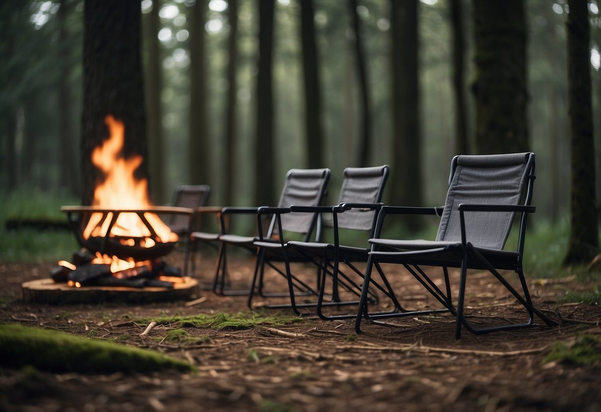 Five lightweight bushcraft chairs arranged around a crackling campfire, nestled in a serene forest clearing. The chairs are made of durable, weather-resistant materials and feature compact, foldable designs for easy transport