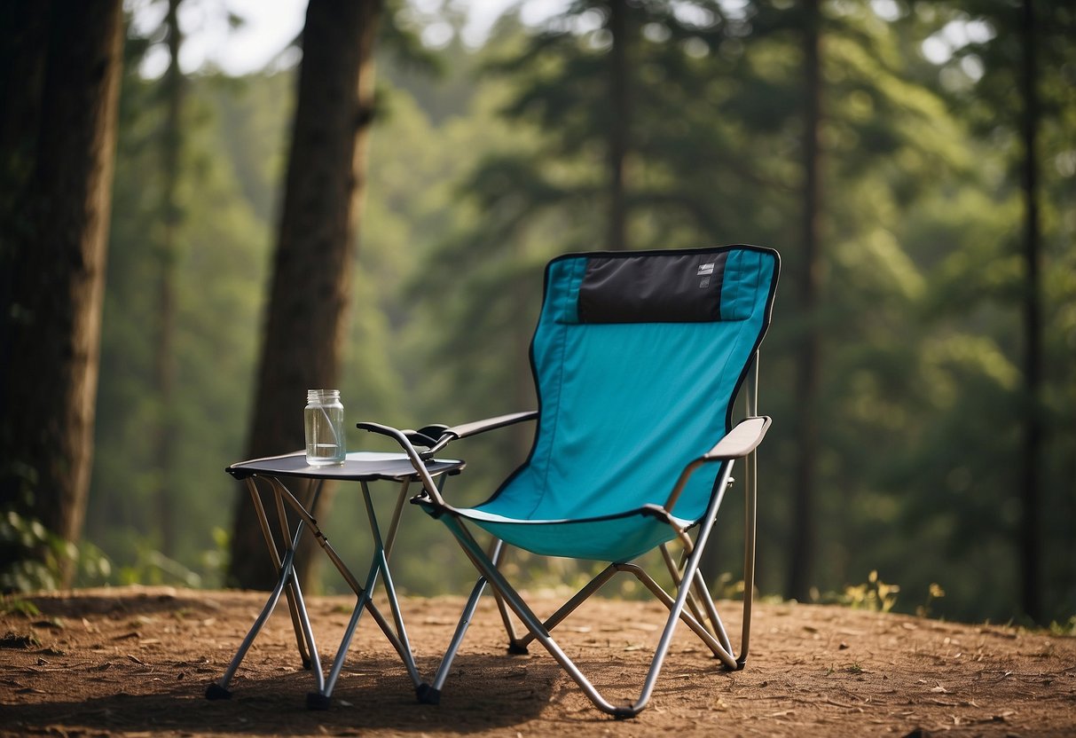 A campsite with a lightweight chair, surrounded by trees and a clear sky. The chair is folded and compact, with a sleek design