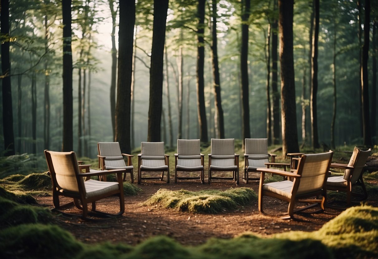 A forest clearing with 5 different lightweight bushcraft chairs displayed on the ground, surrounded by trees and natural elements