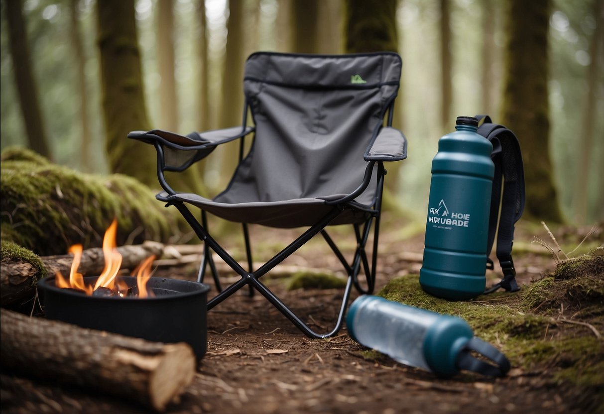 A sturdy, lightweight bushcraft chair sits by a crackling campfire. A small backpack and a water bottle are placed next to it, showing signs of a well-maintained and cared-for outdoor setup