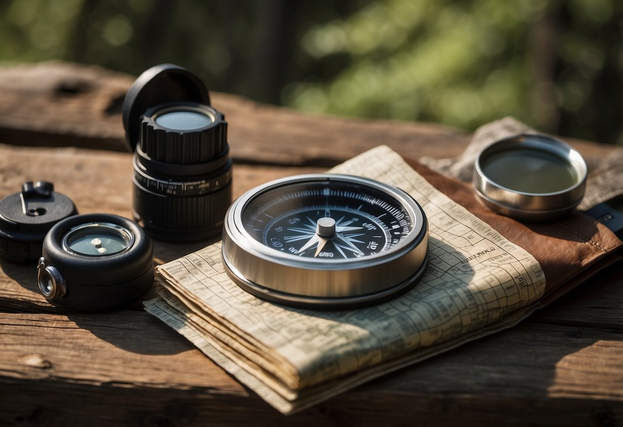 A compass, map, GPS device, binoculars, whistle, signaling mirror, flashlight, topographic guide, altimeter, and a survival manual lay on a weathered wooden table in the wilderness